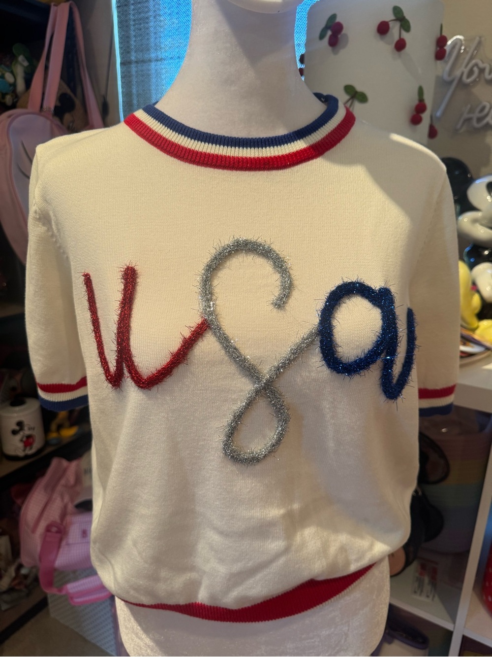 NWT Queen of Sparkles White USA Sweater Tee XS
